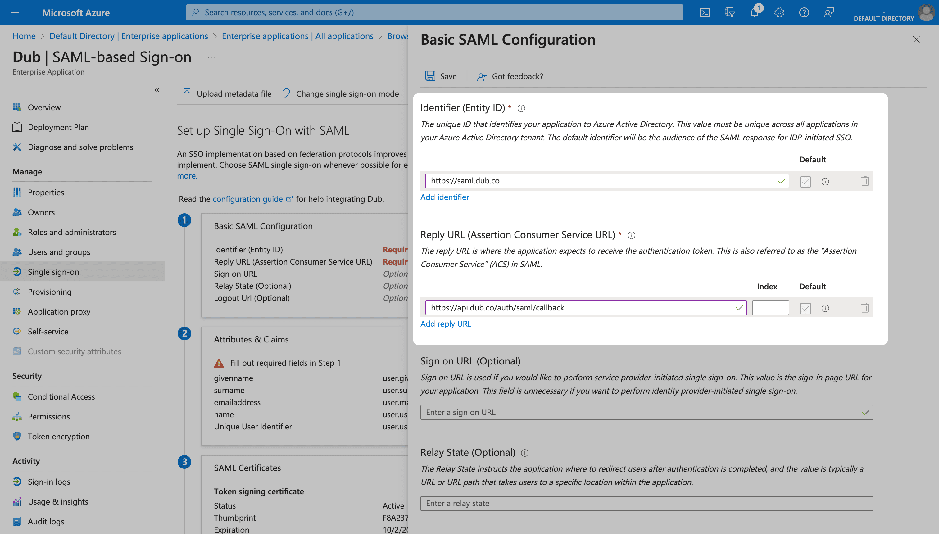 Basic SAML Configuration section on the Azure Dashboard