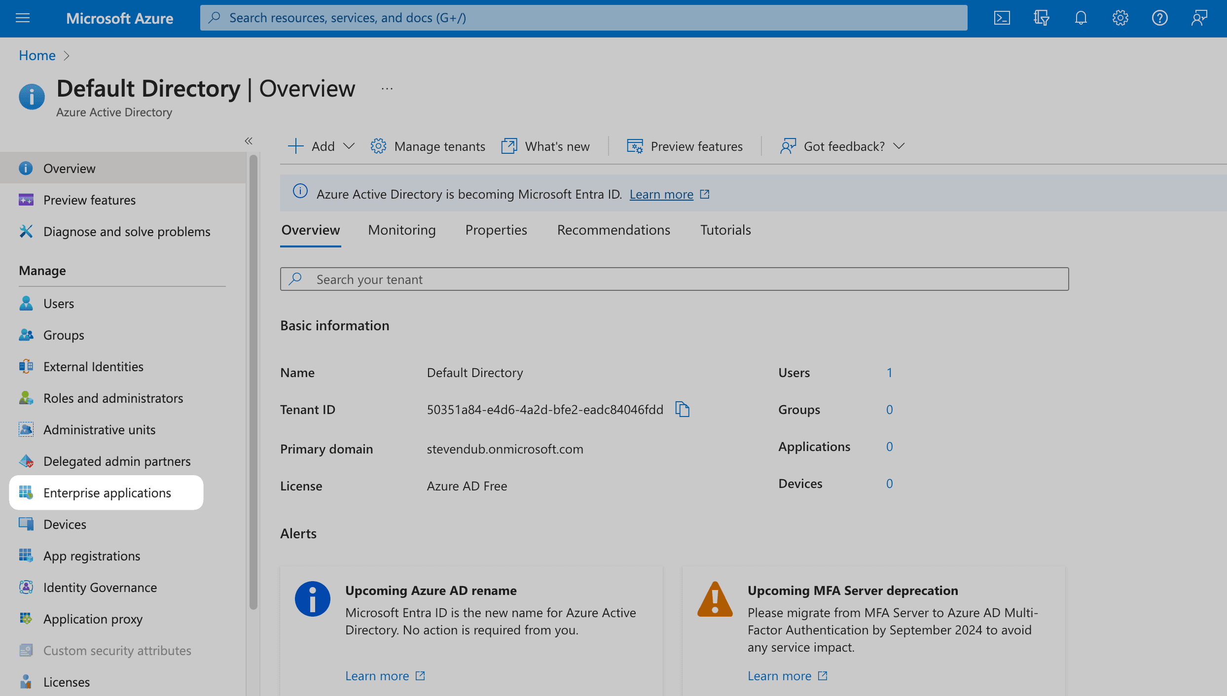 Enterprise applications option on the Azure Dashboard