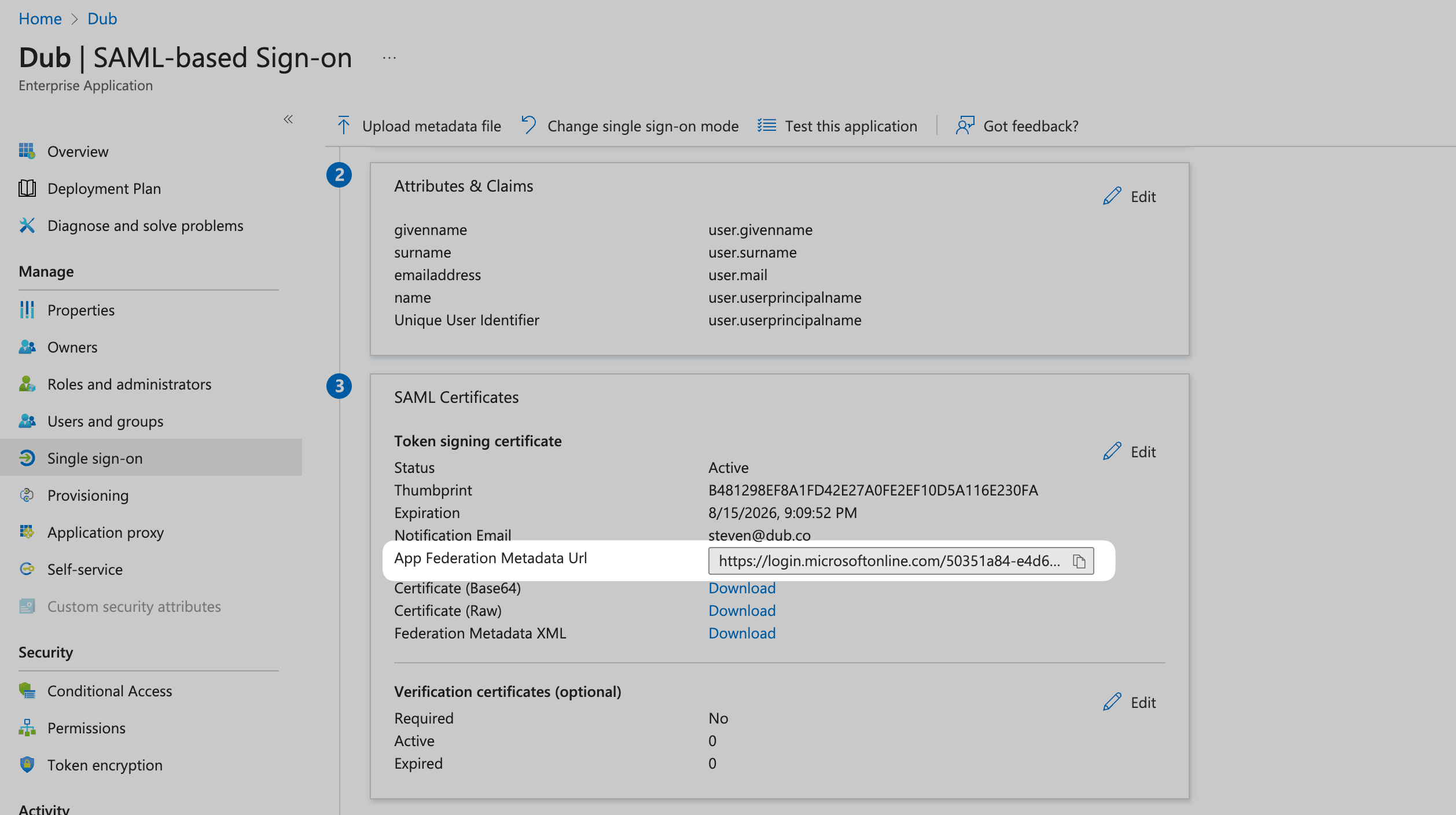 Metadata URL on the Azure Dashboard