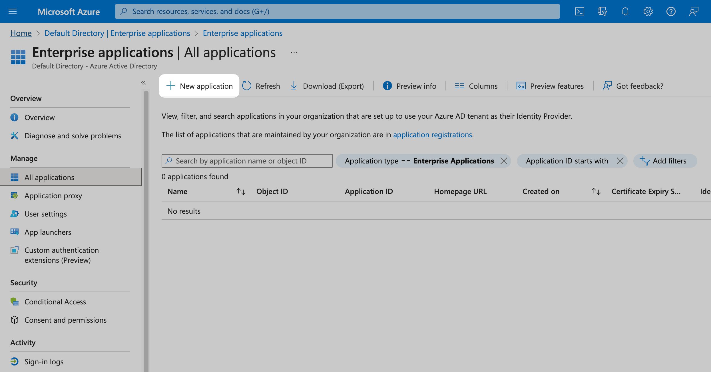 Create new application button on the Azure Dashboard