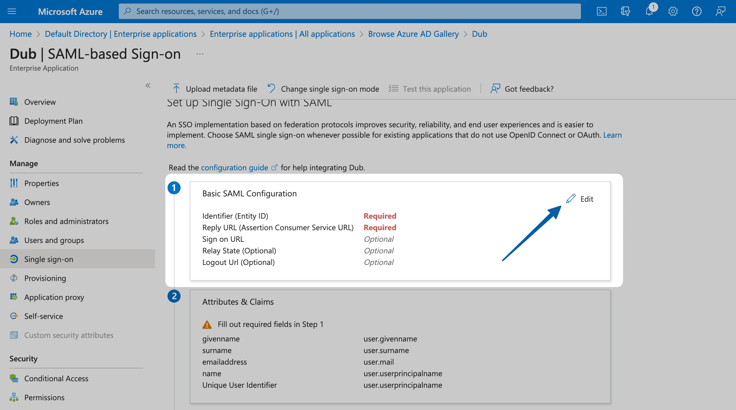 Edit button on the SAML Settings page on the Azure Dashboard