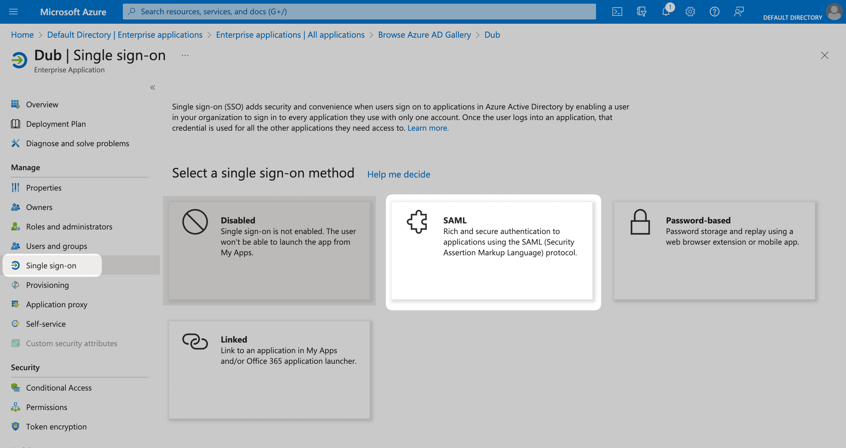 SAML option on the Azure Dashboard